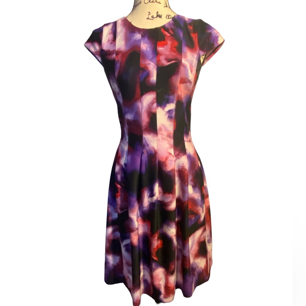 Calvin Klein Watercolor Fit & Flare Seamed Scuba Dress Size 4 Pink Red Purple